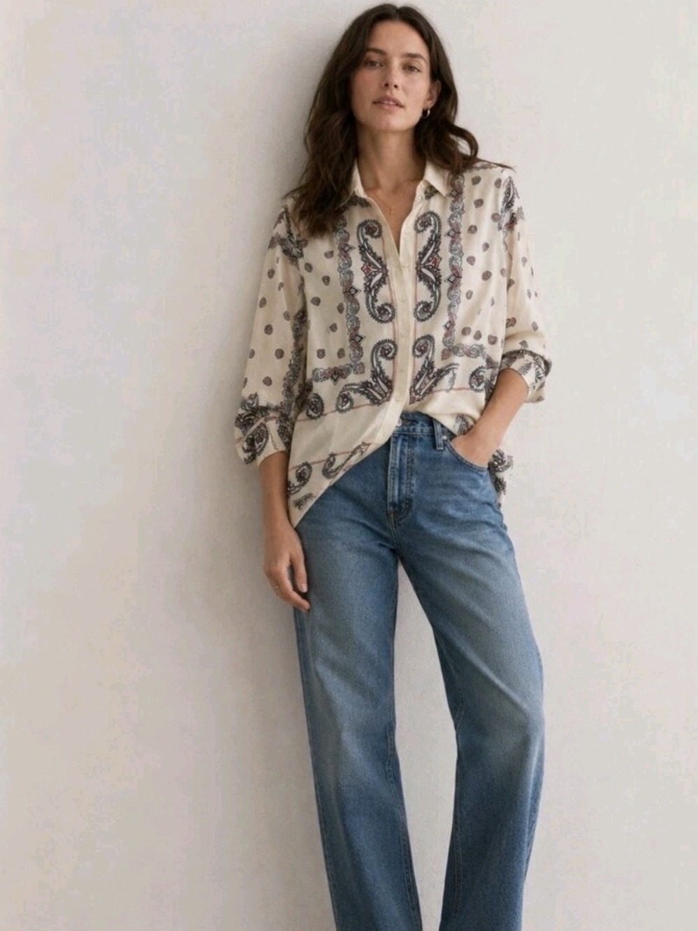 J.Crew Paisley Button Down Shirt in Cream & Blue Size Medium NWT